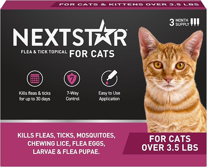 NEXTSTAR Flea and Tick Prevention for Cats, Repellent and Control, Fast Acting Waterproof Topical Drops, Flea Prevention for Cats Over 3.5 lbs, 3 Monthly Doses