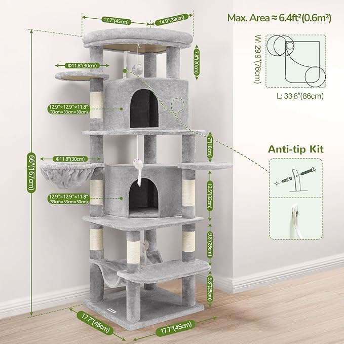 Globlazer Corner Cat Tree for Large Cats, 66inch Tall Curved Series Large Cat Tower for Multiple Indoor Cats with 6 Scratching Posts, 2 Spacious Cat Condos, Hammock, Hanging Basket, C66, Light Grey