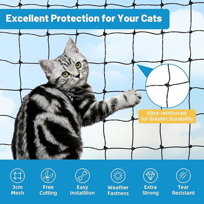 Lewondr Cat Netting Balcony, 10x6.5ft Steel Wire Reinforced Balcony Screen for Pets, Anti-Fall Pet Mesh Fence Cat Safety Net for Balcony, Window, Stair, Patio