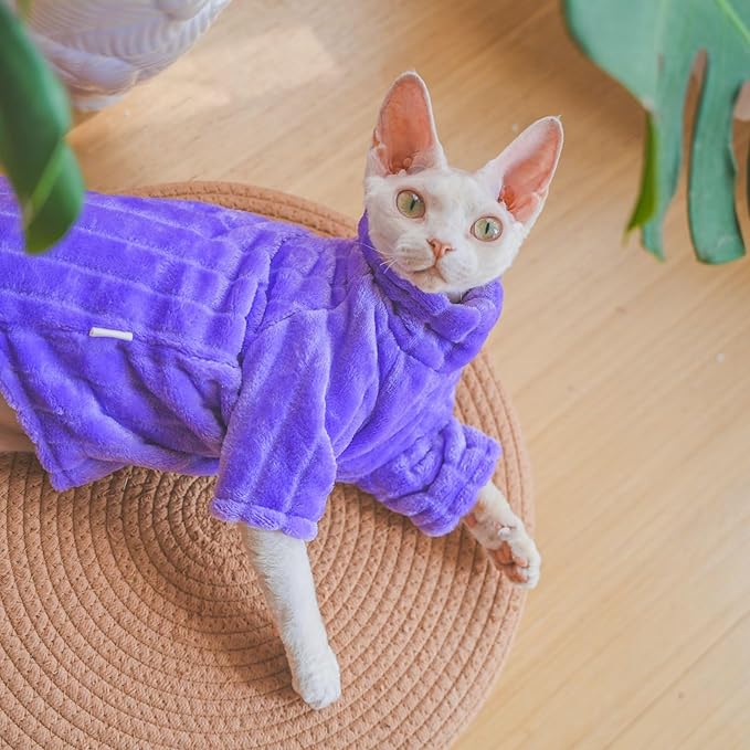 Turtleneck Sweater for Sphynx Cat Soft Coral Fleece Cat Clothes Thick Winter Warm Outfit Coat for Hairless Cats and Small Dogs Apparel with Sleeves (Purple, L (7-8.5 lbs))