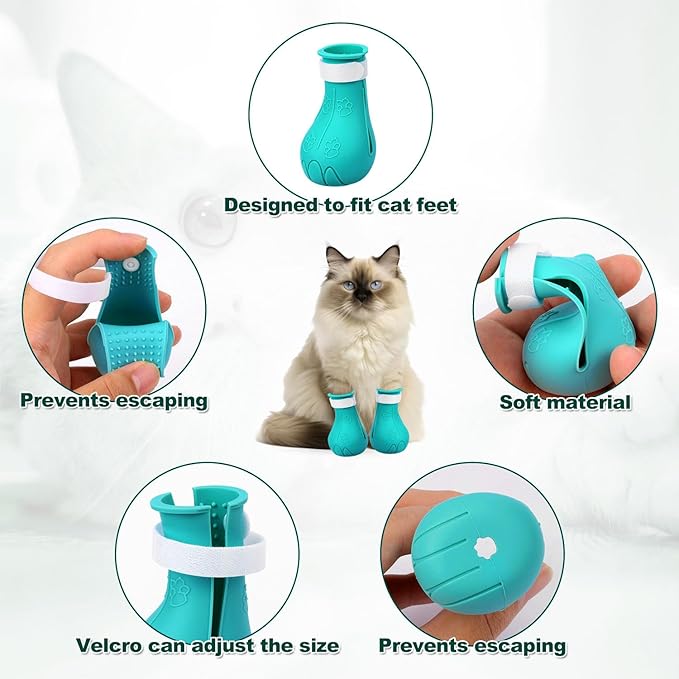 Gosknor 4pcs Cat Feet Covers, Adjustable Anti-Scratch Anti-Bite Silicone Kitten Paw Claw Caps Boots for Nail Trimming Bathing Checking Multifunctional Pet Grooming Protector Products (Blue)