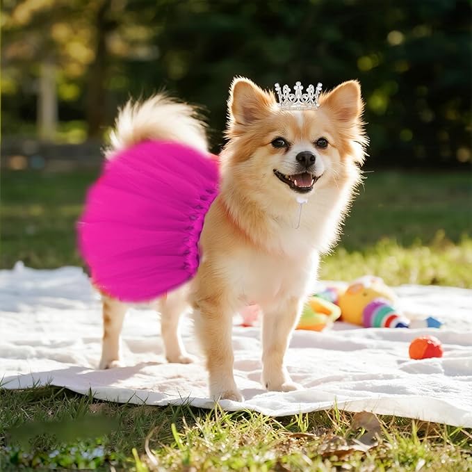 Pet Costume Set Tutu Skirt with Pearl Crown for Small Dog Cat Halloween Birthday Wedding Photo Prop Costume (Rose Red)