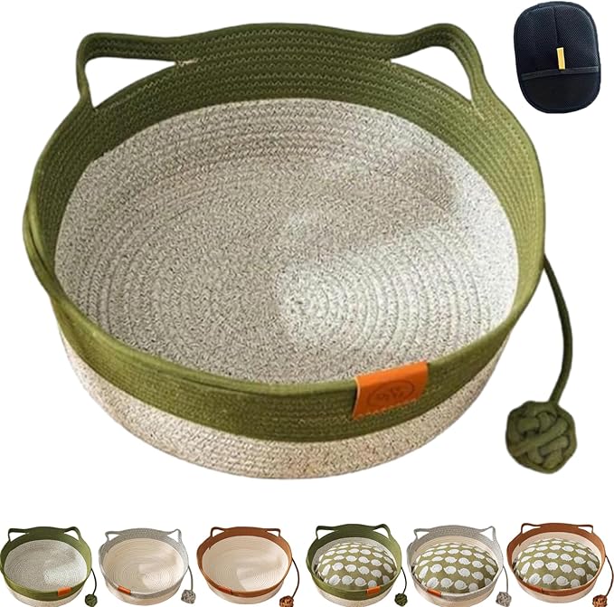 Cotton Rope Woven Cat Basket, Pets Hand Woven Cotton Bed Basket, Round Cat Sleeping Nest with Built-in Scratching Pad and Play Ball for Cats and Dogs All-Season (Green-A, Medium)
