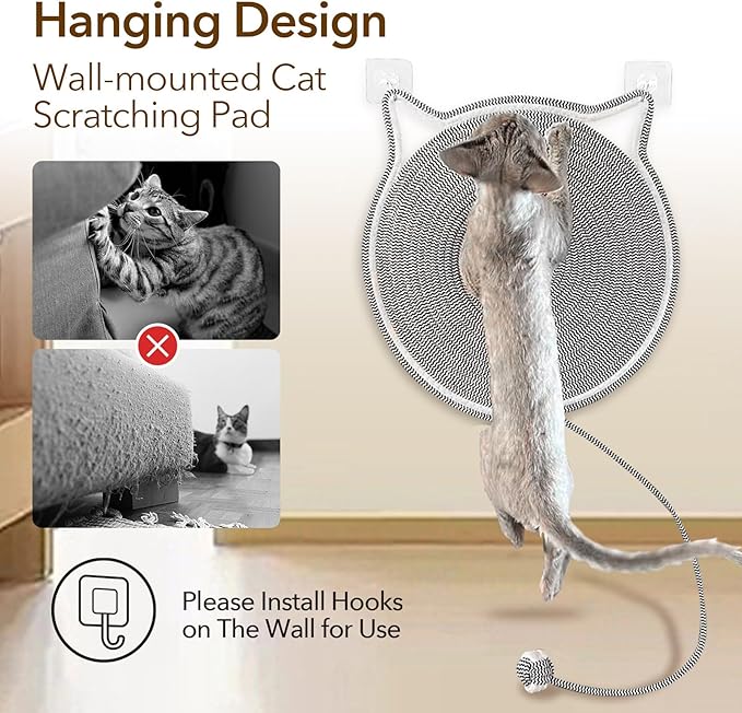 Cat Toy Scratcher Mat with Ball, 17" Size Natural Cotton Rope Dual Scratching Pad for Indoor Cats, Portable Furniture Protector for Wall, Carpets, Hand Washable (White, 17"*17")