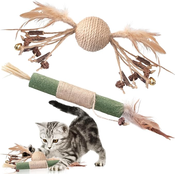 Catnip and Silvervine Toys for Kittens - Natural Chew Toys, Interactive Indoor Cat Teeth Cleaning, Bad Breath Relief, Self-Play Toys (Kicks Chewy Sticks 2-Pack Small Size)
