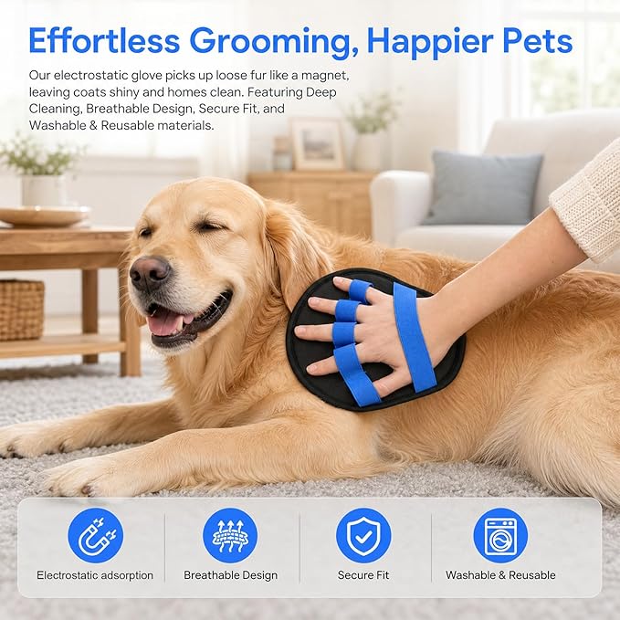 Upgraded Five-Finger Electrostatic Pet Hair Removal Gloves, Reusable Cat & Dog Hair Remover for Couch, Furniture, Carpet, Car Seat, Clothing - Magic Brush Pet Grooming Glove (Blue)