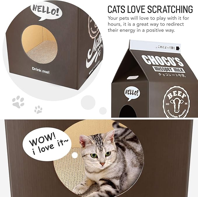 FluffyDream Cat Condo Scratcher Post Cardboard, Milk Box Shape Cat Scratching House Bed, Black Color