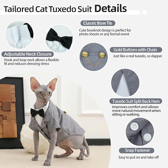 QBLEEV Cat Tuxedo Outfit, Formal Cat Suit Costume with Bow Tie, Sphynx Hairless Clothes for Cats Only, Kitten Wedding Birthday Party Attire Apparel for Male Boy, Cute Small Pet Gentleman Formal Wear
