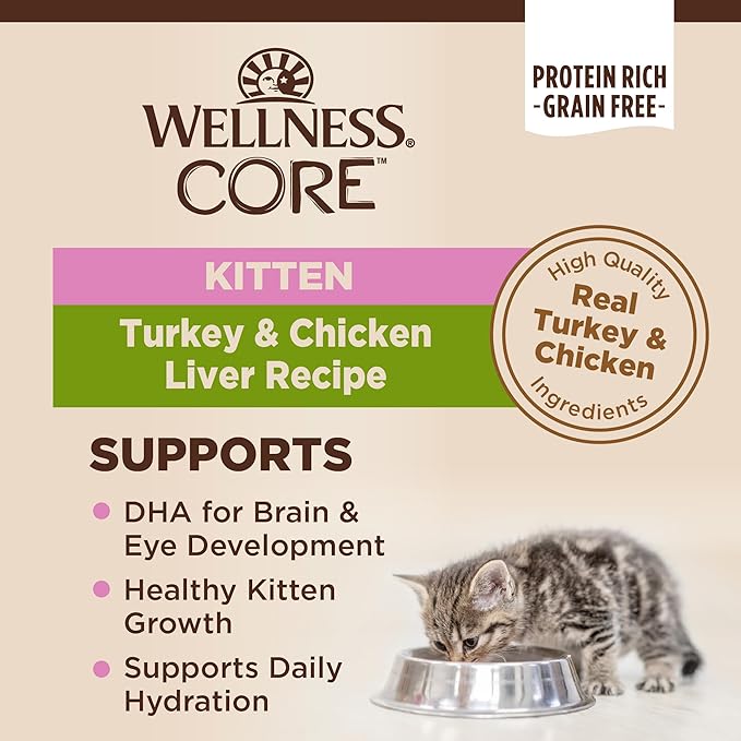 Wellness CORE Pate Kitten Canned Wet Cat Food, Natural, Protein Rich, Grain Free, Turkey and Chicken Liver Recipe, 3 oz, Pack of 12 Cans