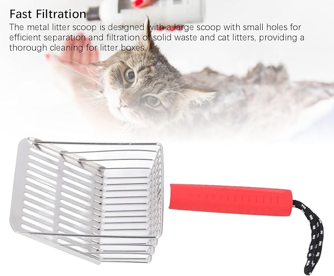 Cat Litter Scoop, Removable Handle Cat Litter Sifter, Stainless Steel Fast Filtration Cat Litter Shovel for Kitten Cat Dog Poop (Red)