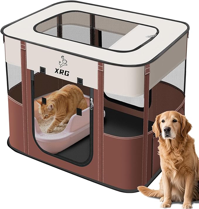 Portable Foldable Pet Playpen Collapsible Crates Kennel Playpen for Dog cat and Rabbit &Travel playpen Outdoor or Indoor (Large（35.4" L x 27.6" W x 23.6" H）, Brown)