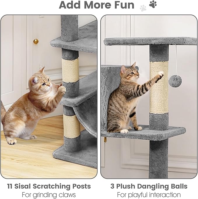 Tangkula 66 Inch Tall Cat Tree, Multi-Level Cat Tower with Sisal Scratching Posts, 2 Condos, Plush Perch, Hammock, Basket, Dangling Toys, Cat Climbing Furniture for Indoor Cats (Light Gray)