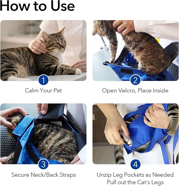 Pet Grooming Bag for Nail Trimming & Anti-Scratching – Restraint Cat/Dog for Claw Care, Medical Exams, 17" L x 10" W, Fits 8-12 lbs (Blue, Medium)