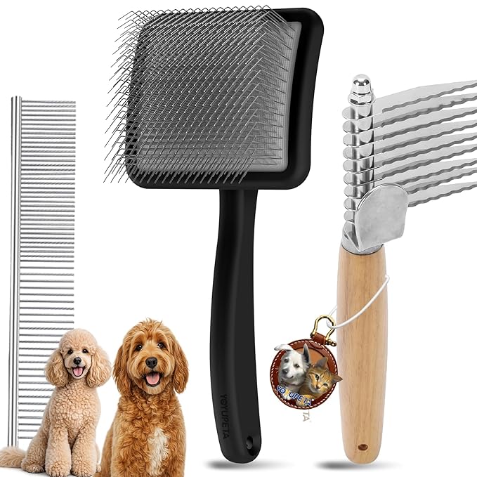 Large Slicker Brush for Dogs - Long Pin Deshedding Brush for Mats & Shedding on Long Haired Dogs, Doodles, Poodles, Goldendoodle, Labradoodle, 3pc Grooming Kits with Wooden Handle, Black