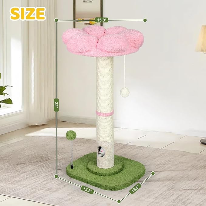 Tall Cat Scratching Post for Indoor Cats Adults, Cat Scratch Post with Sisal Rope Claw Scratcher, Solid Wood Cat Tower with Scratching Post and Cat Toys Mouse Hole, Flower Small Cat Tree (Pink Flower)