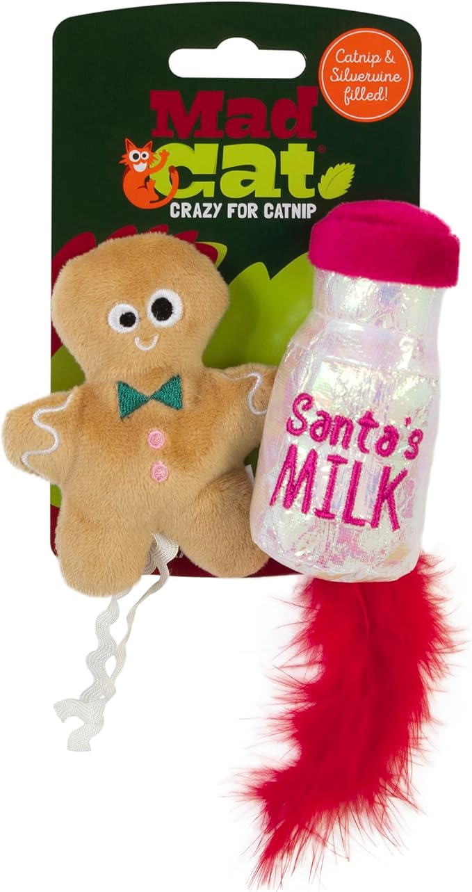 Mad Cat Santa Claws Milk with Catnip and Silvervine Blend Cuddly Plush Cat Toys with Fun Sounds, Pack of 2