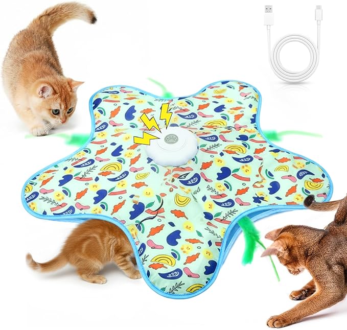 Interactive Cat Toy for Indoor Cats, Rechargeable Touch Activated Hide and Seek Cat Toys, Automatic Moving Concealed Wand Feather Toy for Bored Indoor Kitten Adult Cats, Real Bird Squeaky Green