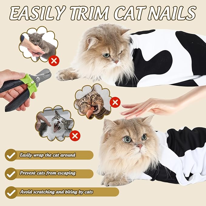 JarThenaAMCSCow Print Cat Wrap for Cutting Nails 27.6 x 27.6 in Self-Adhesive Cat Grooming Wrap Black White Washable Anti-Escape Cats Restraint Wrapping Cloth for Cats Pet Cleaning and Beauty,1 Pc