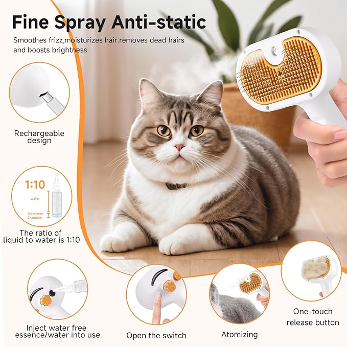 3-in-1 Pet Steam Brush Set for Dogs & Cats, Grooming Comb with Spray, Defur Tool, Water-Assisted Hair Removal, Gentle Cat & Dog Spritz Brush, Multi-Purpose Steam Grooming Kit