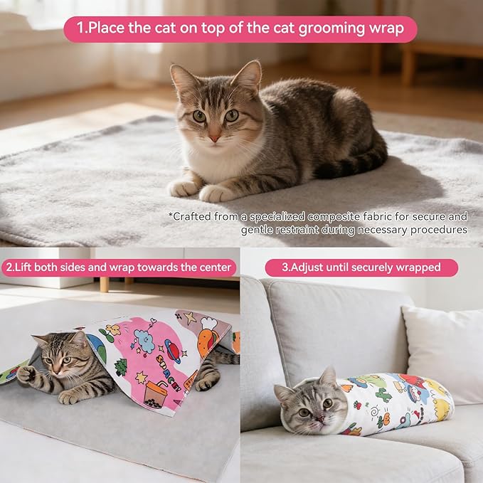 Cat Wrap for Cutting Nails，Cat Restraint for Nail Clipping，Cat Grooming Wrap for Cat Shower, Anti-Scratch Anti-Escape Multifunctional Pet Tool,27.5in