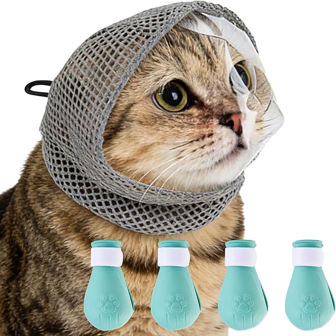 Adjustable Cat Muzzle for Grooming with 4 Paw Cover, Breathable Mesh Cat Head Cover, Anti-Bite Cats Mask, Silicone Paw Protector for Nail Trimming, Bathing (S)
