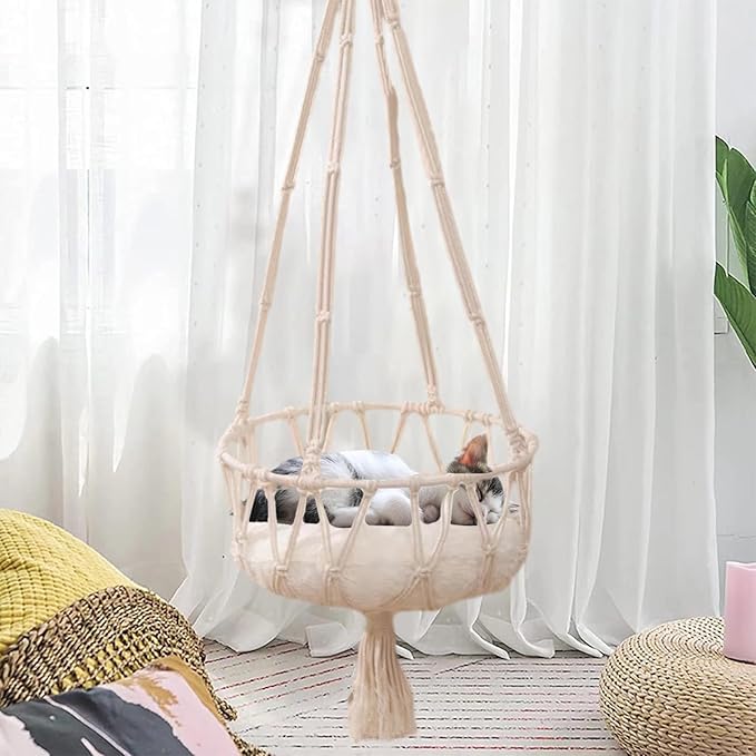 Cat Hammock, Space Saving Hanging Cat Bed Hammock Cat Swing for Indoor Cats, Boho Cat Swing Bed for Sleeping, Playing, Climbing, Lounging