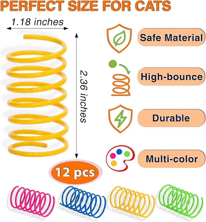 Cat Spring Toys for Indoor Cats, Springy & Durable PET Plastic Spiral Coil Cat Toy, Interactive Self Play for Boredom Relief, 12 Pack