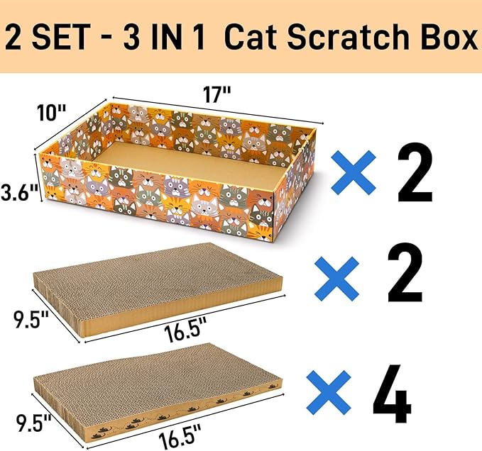 Pumtus Set of 2 Cat Scratching Boxes, 17x10 in 6 Pcs Corrugated Cardboard Pad with 2 Boxes, Large Cute Reversible Kitty Sofa Bed, Refillable Wave Shaped Lounge, Interactive Kitten Toy for Indoor Cat