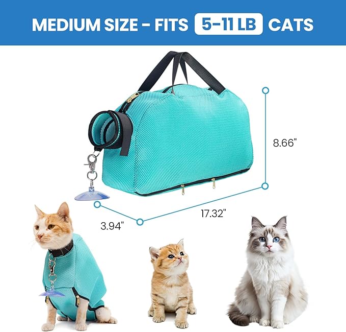 6-12 lbs Anti-Escape Suction Cup Cat Grooming Bag - Medium Green Breathable Mesh, for Bathing & Nail Trimming, Portable for Travel & Easy to Clean