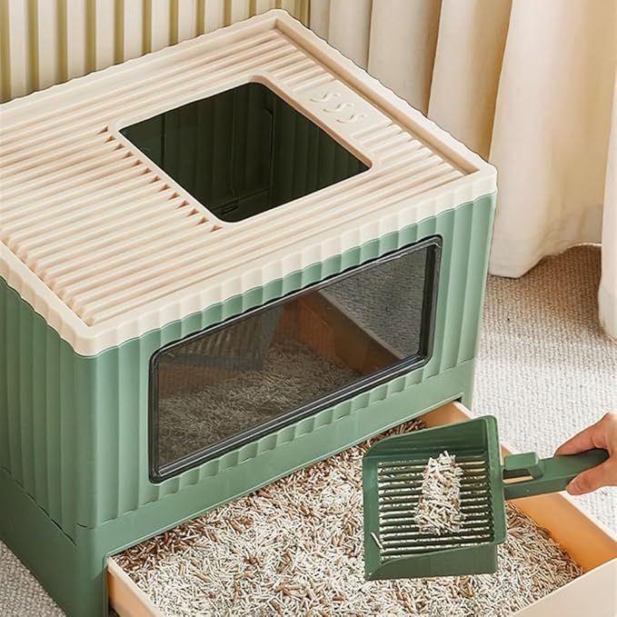 Pet Supplies, Foldable Top Entry Cat Litter Box with Lid, Anti Splashing & Drawer Design(Blue)