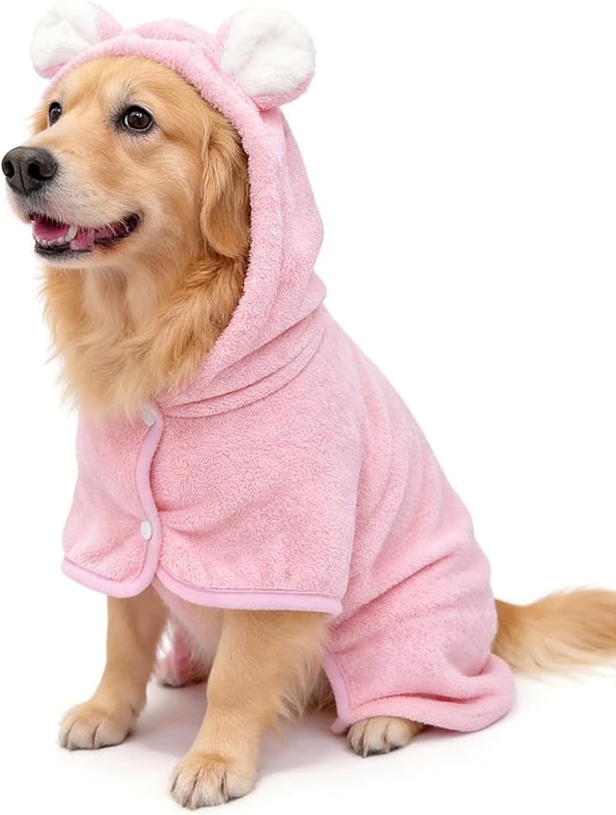 Pet Bathrobe for Dog Cat Super Absorbent Quick Drying Hooded Bath Towel Adjustable Robe for Pool Beach Cold Weather,Pink XS