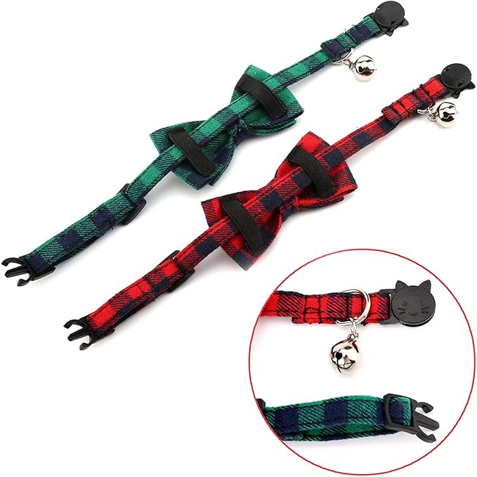 Luter 2Pcs Christmas Plaid Cat Collars Breakaway with Bow Tie and Bells, Adjustable Collars for Cats, Kitten, Puppy Supplies (Red, Green)