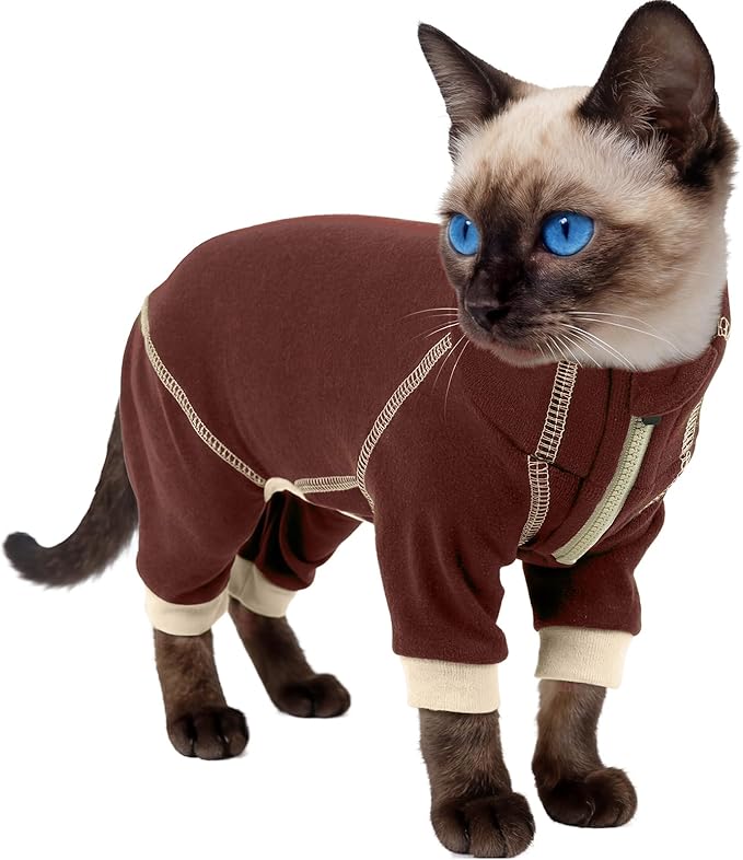 ROZKITCH Cat Sweaters for Cats Only, Cat Hair Sticky Shirt Reduce Shedding Around Your Home Over Grooming, Four Leg Surgery Suit Onesie After Surgery Cover Wound Brown S