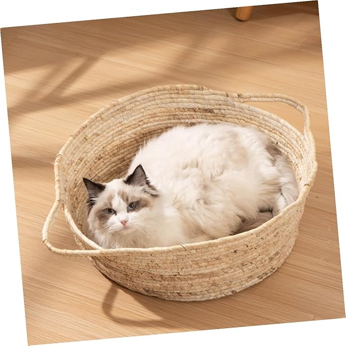 ABOOFAN Rattan Woven Cat Bed Cooling Pet Nest Medium Size for Cats to 8 Lbs Semi-Enclosed Breathable Summer Supply Indoor Pet Furniture