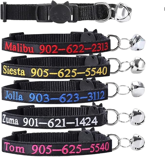 MVCEN Personalized Cat Collar,Personalized Nylon Cat Collar Breakaway with Bell - Custom Embroidered Text ID Collars with Pet Name and Phone Number