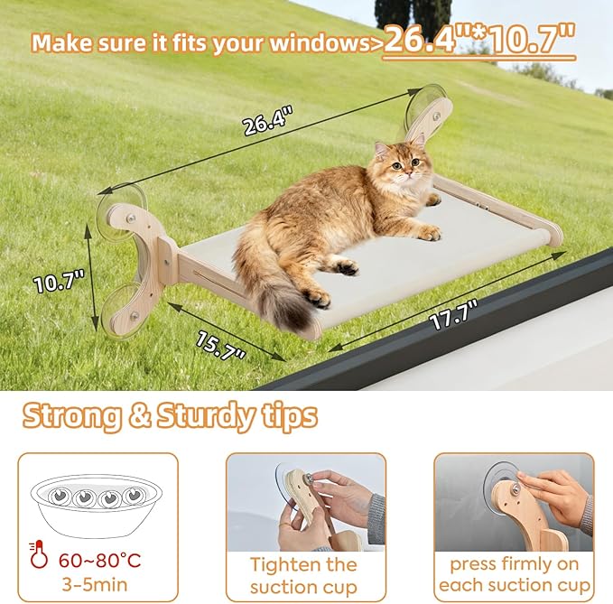 Window Cat Bed, Sturdy Cat Window Perch, Adjustable 4-in-1 Cat Hammock, 4 Modes for Complex Scenarios, Durable & Safe Hanging Seat for Kittens, Cats, Small Pets to Sleep & Play (Beige, 18inch)