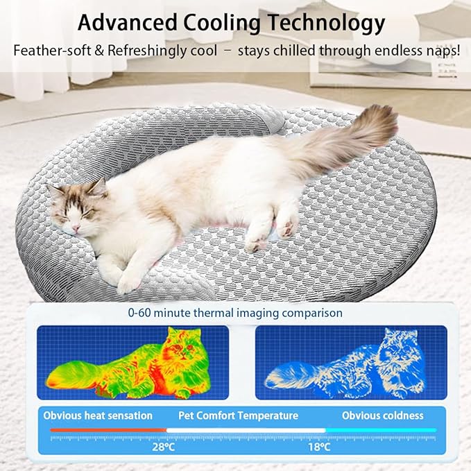 Cat Beds with Pillow for Indoor Cats, Summer Cooling Pet Bed with Removable Washable Cover Washable Round Fluffy Pet Bed