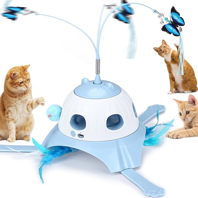 AIPERRO 3-in-1 Automatic Cat Toys for Indoor Cats, Fluttering Butterfly, Whack a Mole, Rotating Feather Wand, USB Rechargeable Interactive Feather Toys for Multi-cat Family (Blue)