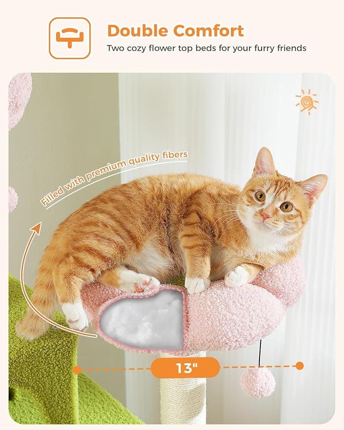 MUTTROS Flower Cat Tree, 70.9" Tall Tree for Indoor Cats, Large Tree for Large Cats, Multi-Level Tower with 6 Scratching Posts, 2 Condos, 2 Perches, Hammock, Pompoms, Pink