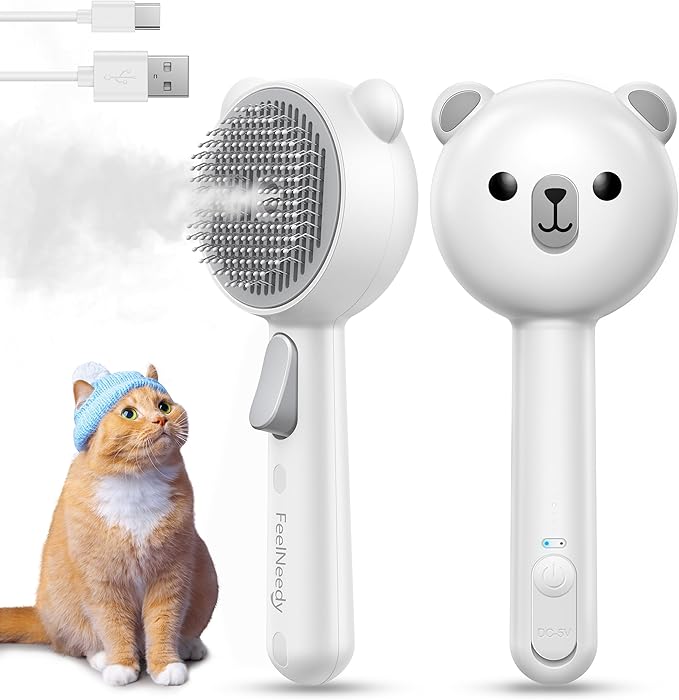 Cat Steam Brush, Brushes for Indoor Cats with Release Button, Dual Speed Spray USB Rechargeable Grooming Supplies, Cat Brush for Shedding Suitable for All Long-haired and Short-haired Pets