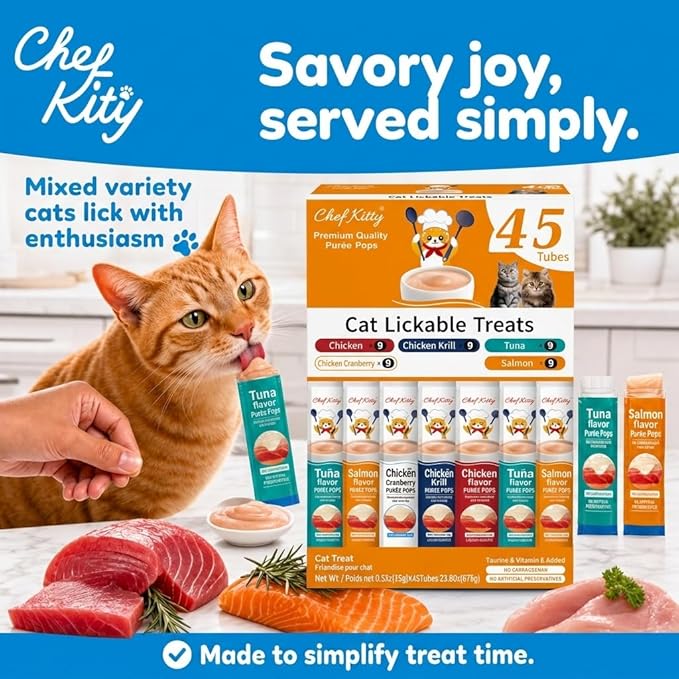 Cat Treats Lickable | Grain-Free Cat Food Toppers, High Protein | Creamy Puree Squeeze Ups with Vitamin E & Taurine, Digestible Formula | 0.5 oz. Each Tube, Chicken & Seafood Mix Variety | 45 Tubes