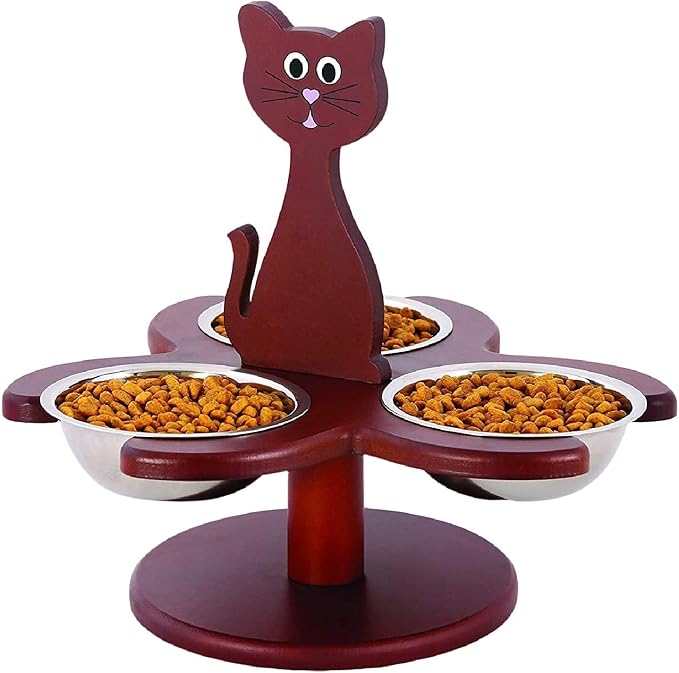 Etna Pet Store Elevated Cat Bowls - Wooden, Raised Pet Feeder Promotes Better Digestion, Easy on Joints - Multiple Feeder with 3 Removable Bowls for Food and Water - Brown