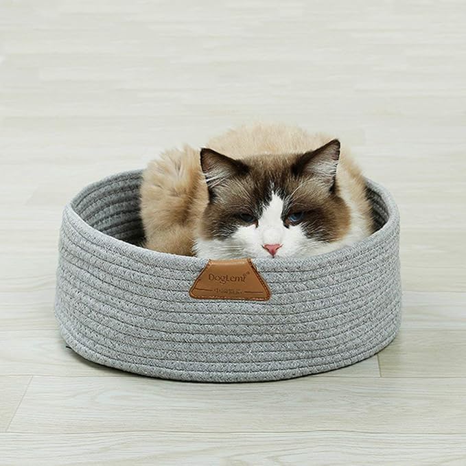 Cat Bed Basket Nest Round Cotton Rope Woven Warm Medium,Pet Sleeping Bed House Cute Fun Scratcher Scratching Scratch Mat Pad for Puppy Small Dogs Indoor Play Eco Washable Winter Summer (Gray)