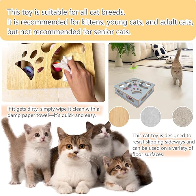 Interactive Wooden Cat Puzzle Toy Box Indoor Hunting Play Toy to Stimulate Your Cat’s Energy and Instincts (Blue)