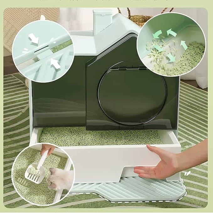 Cat Litter Tray Cats Litter Box with Front Entry/Exit XXL Extra Large Space Toilet Boxes with Drawer Type Cat Litter Tray and Pet Litter Shovel,Prevent Leakage (Color : Gray)