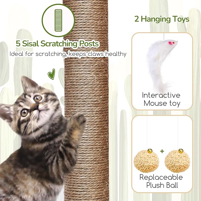 Globlazer Cactus Cat Tree Condo Tower for Indoor Cats, 52in Multi-Level Cat Scratching Tree with 2 Cat Condos, 5 Sisal Scratching Posts, 2 Padded Perches, Sturdy Basket, Widened Base, S52, Green