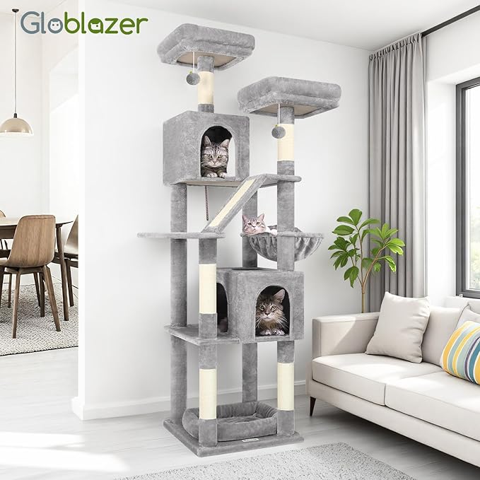 Globlazer 74in Heavy Duty Cat Tree for Large Indoor Cats, Multi-Level Cat Tower with Scratching Post, Cat Condos with Climbing Ladder, Hammock, Extra Large Top Perches, Pet Bed, F74D, Light Grey