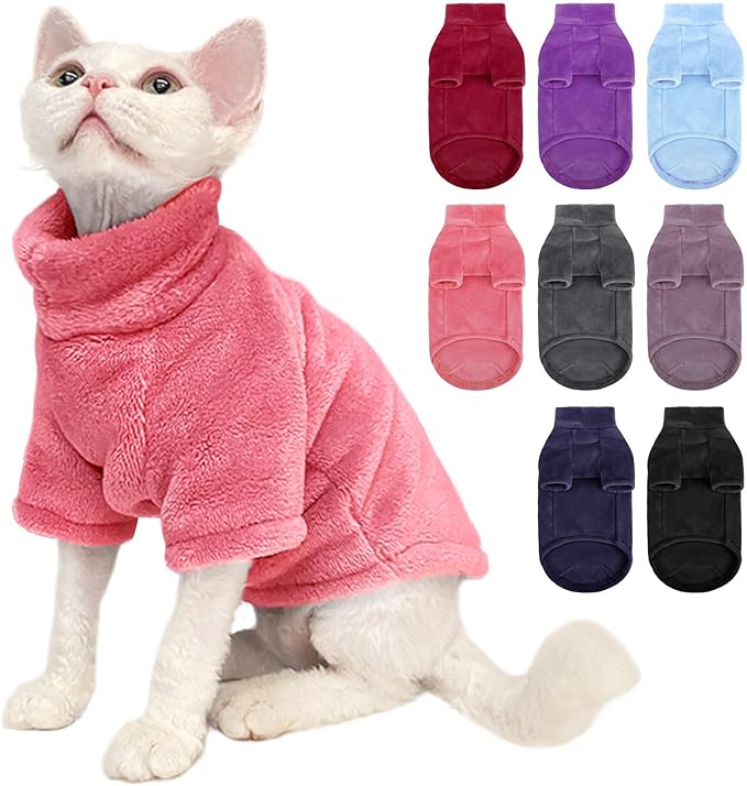 Turtleneck Sweater Coat for Cats, Sphynx Cat Clothes Pajamas for Cats Only, Kitten Fleece Pullover Sweaters with Sleeves, Pet Warm Jumpsuit Cat Sweatshirt for Cold Weather, Pink L