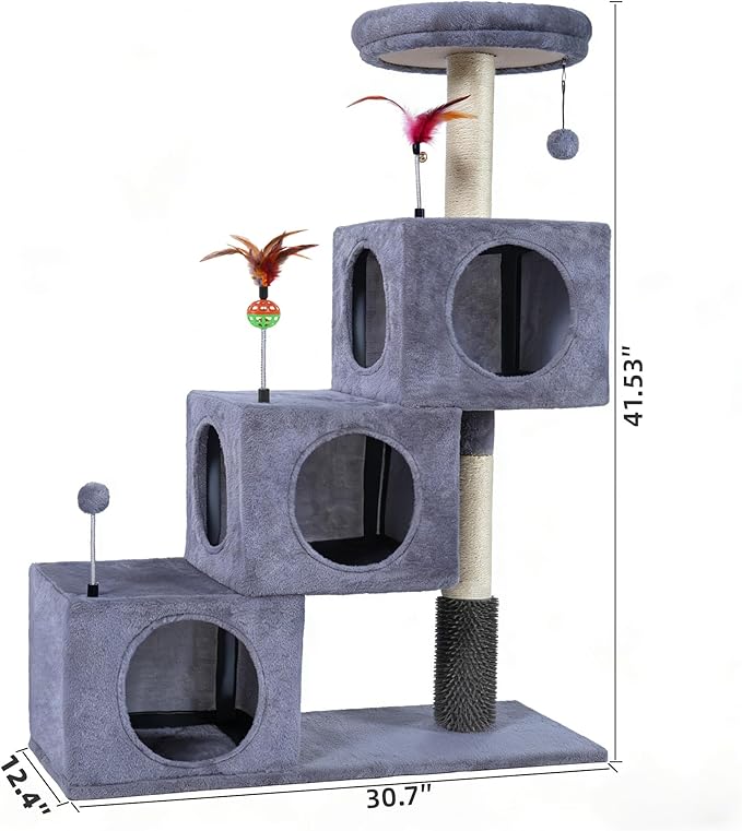 Cat Tree Tower for Indoor Cats, Cat Tree with 3 Spacious Cat Houses & Condos, Full Sisal Scratching Posts and Cat Scratcher Toys, Grey