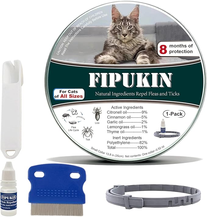 Natural Flea Collar for Cats | High‑Rated Plant‑Based Protection, 8‑Month Waterproof Formula | Includes Grooming Comb & Tick Removal Tool